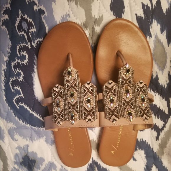 Anthropologie Blush Beaded Embellished Leather Thong Sandals Sz.38/US 7 - Picture 3 of 12